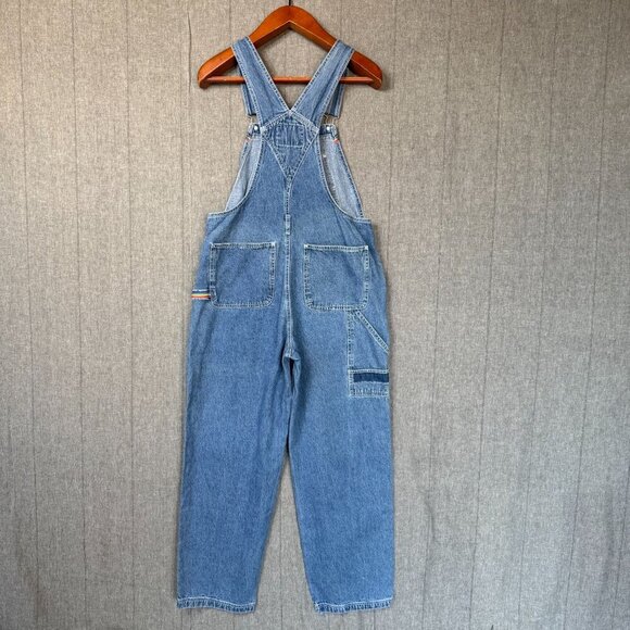 90s Vintage Revolt Blue Denim Rainbow Trim Straight Leg  Utility Overalls Size L - Picture 8 of 16